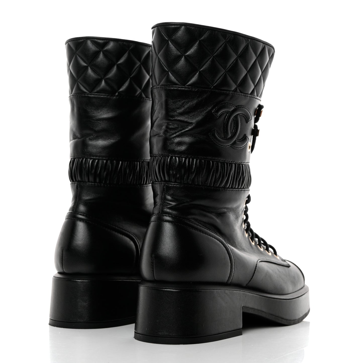 Lambskin Quilted Lace Up Combat Boots 36.5 Black