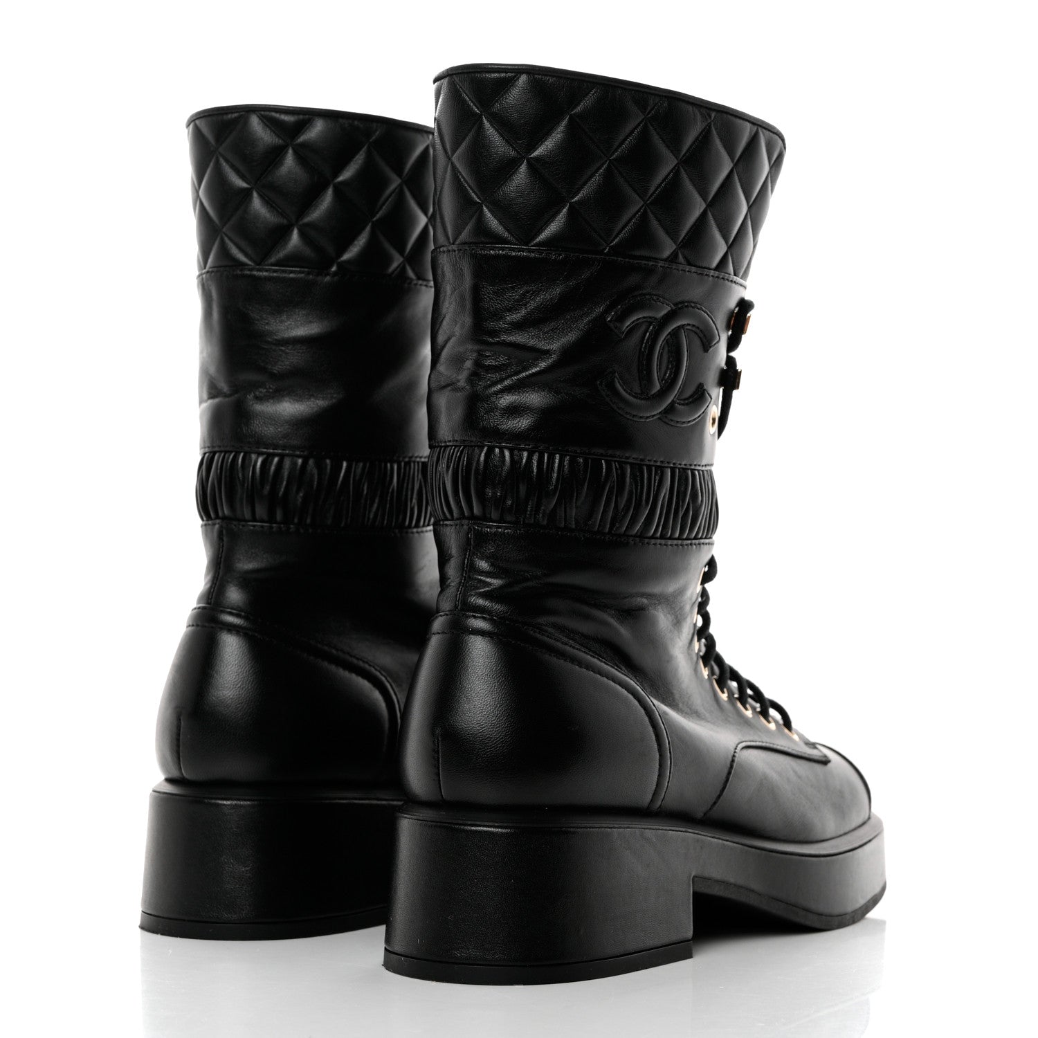 Chanel Lambskin Quilted Lace Up Combat Boots 36.5 Black 4 of 10
