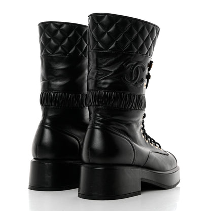Chanel Lambskin Quilted Lace Up Combat Boots 36.5 Black 4 of 10