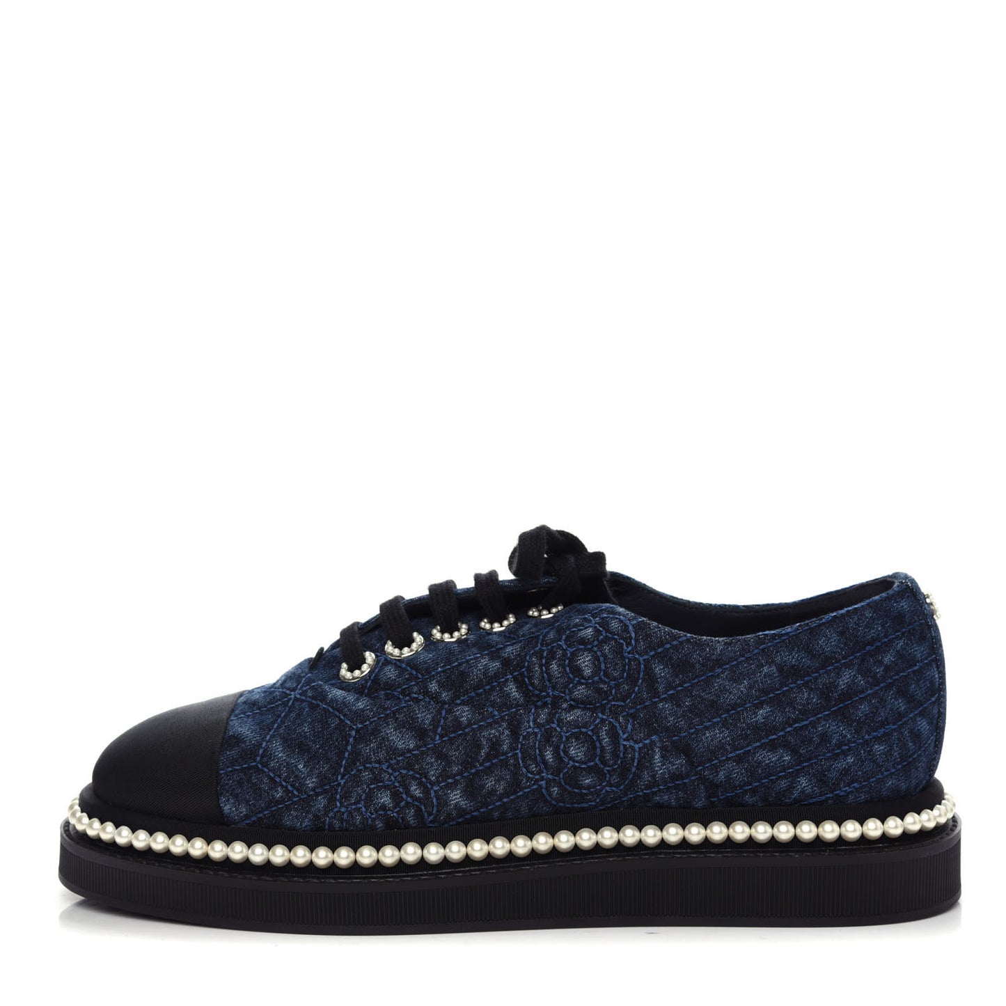 Denim Grosgrain Camellia Pearl Lace Up Sneakers 37 Blue Black
