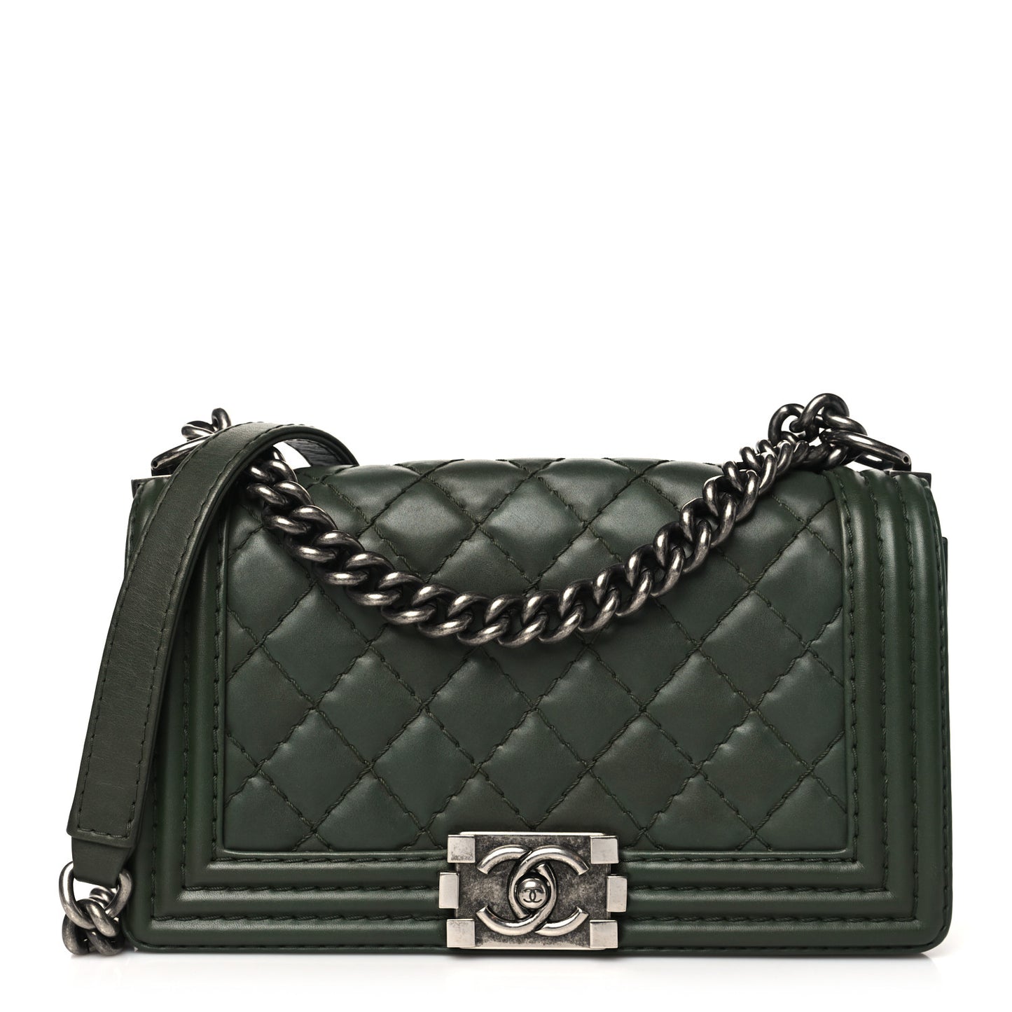 Calfskin Stitched Medium Boy Flap Dark Green