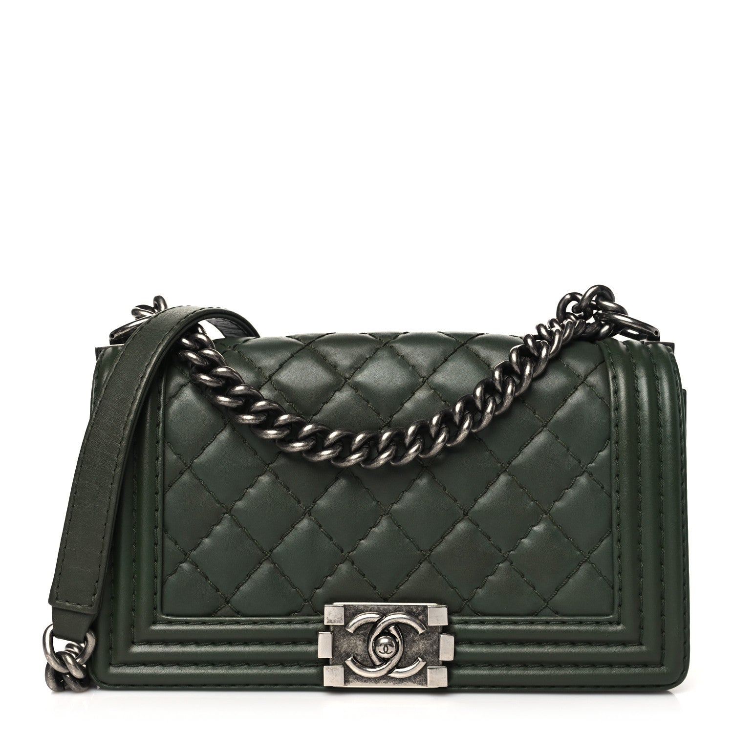 Chanel Calfskin Stitched Medium Boy Flap Dark Green 1 of 10
