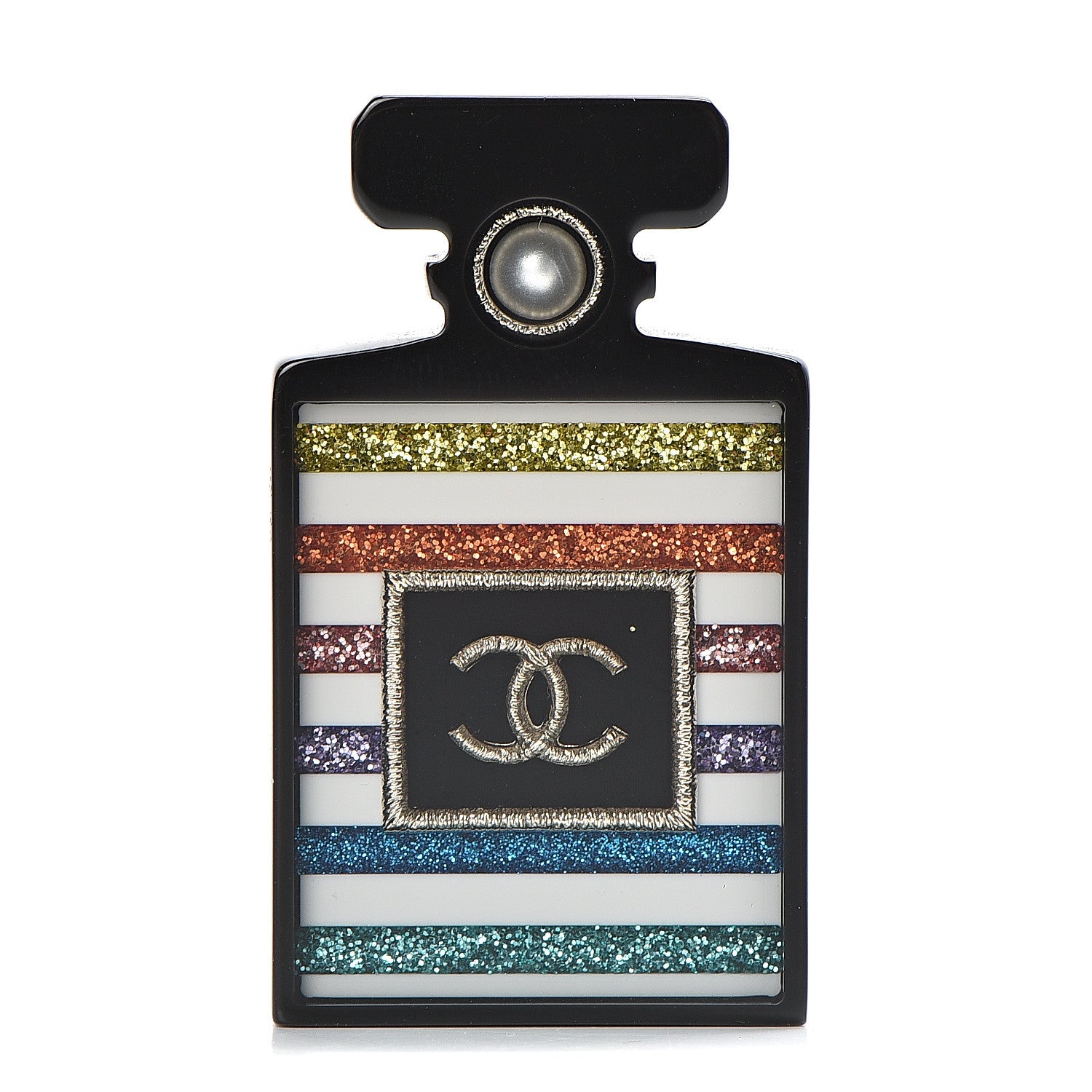 Chanel Resin Glitter Pearl Stripe CC Perfume Bottle Brooch Black Multicolor 1 of 5