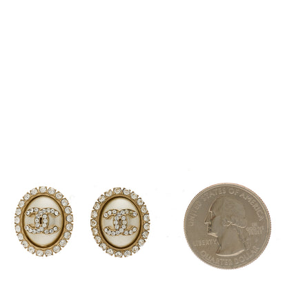 Chanel Crystal Enamel CC Round Earrings Light Gold White 2 of 5