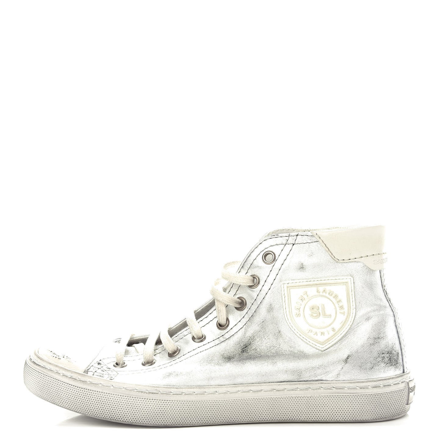 Distressed Calfskin Bedford Logo-Appliqued Hightop Sneakers 36 Argento Cream White