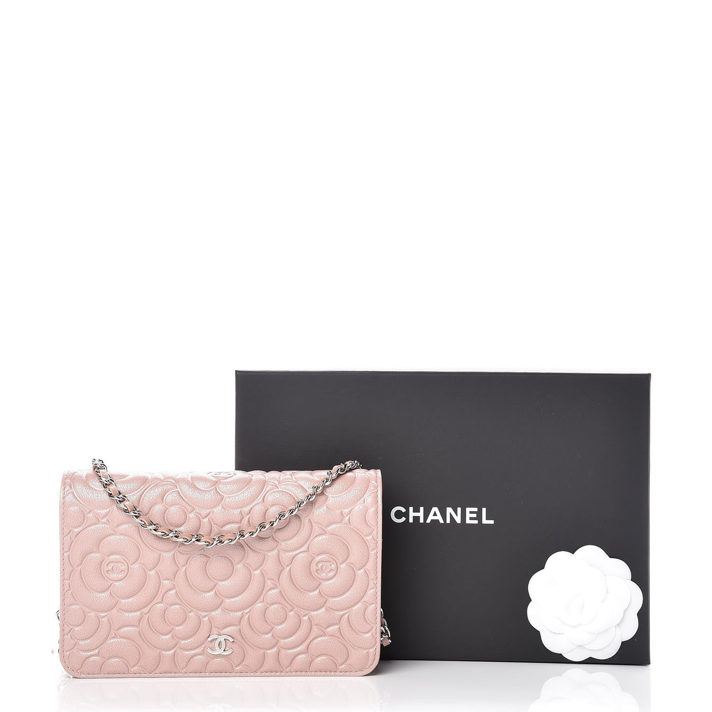 Goatskin Camellia Embossed Wallet On Chain WOC Light Pink