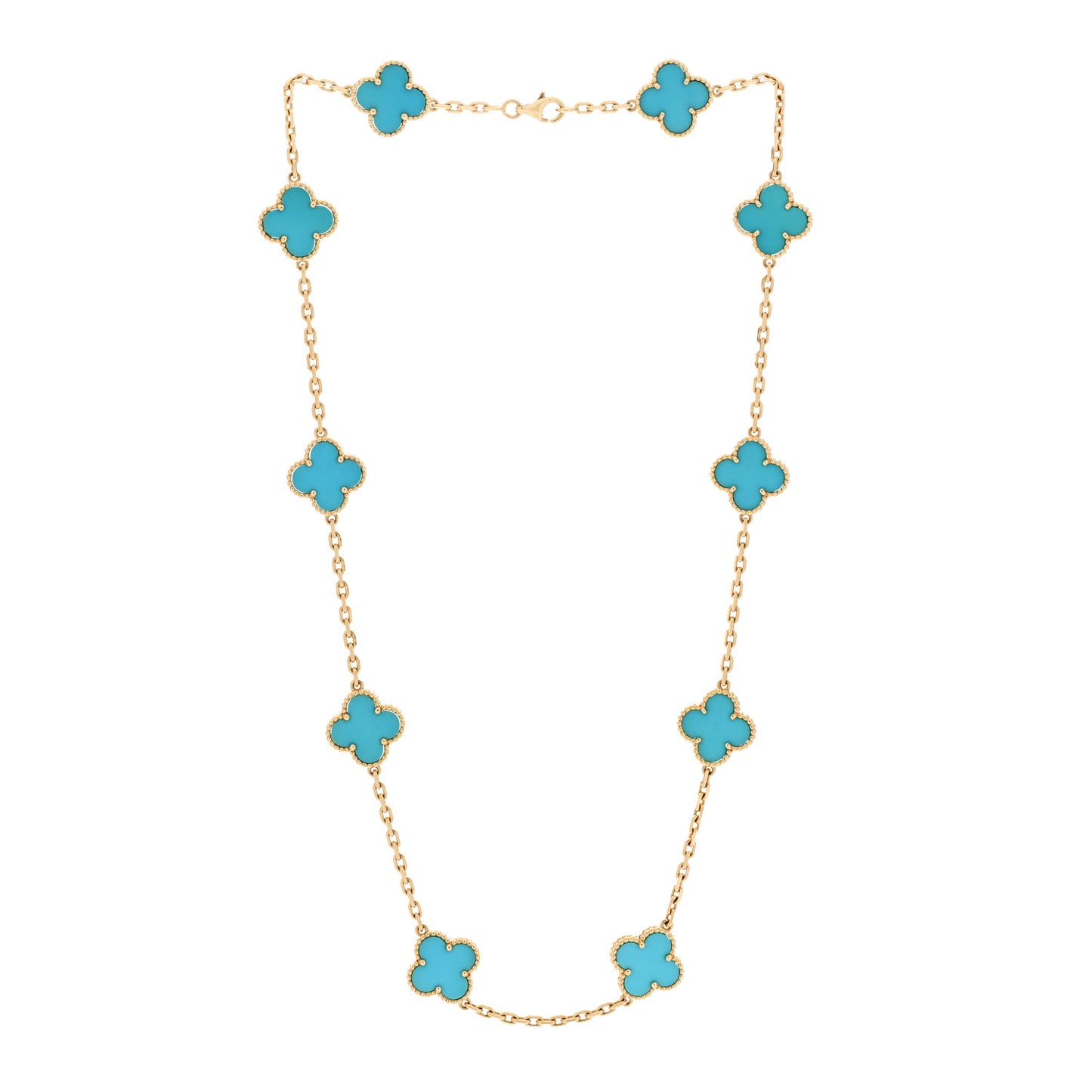 18K Yellow Gold Turquoise 10 Motifs Vintage Alhambra Necklace