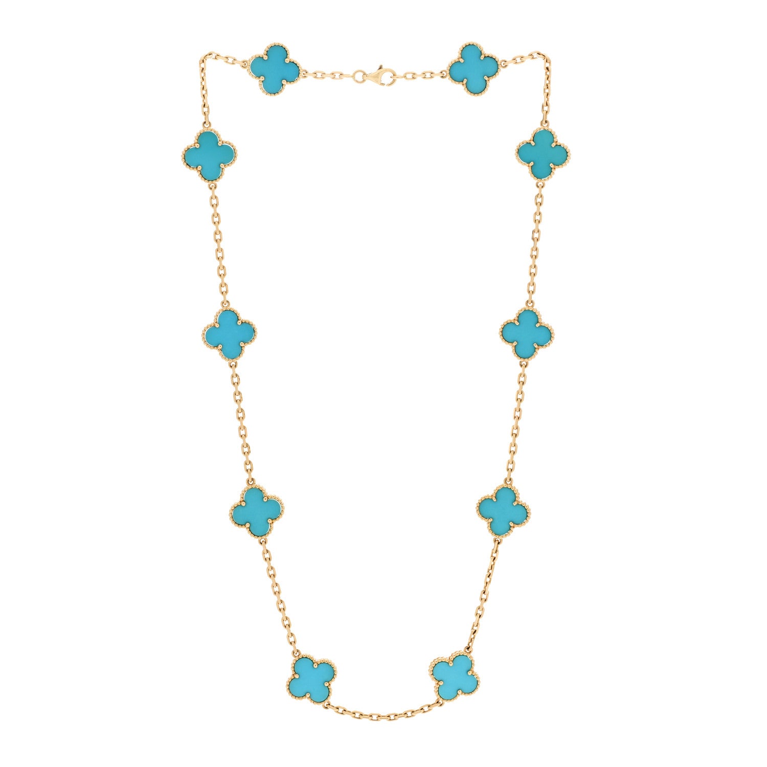 Van Cleef & Arpels 18K Yellow Gold Turquoise 10 Motifs Vintage Alhambra Necklace 3 of 5