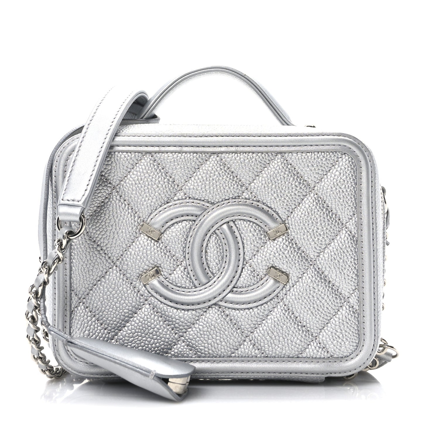 Metallic Caviar Quilted Small CC Filigree Vanity Case Silver