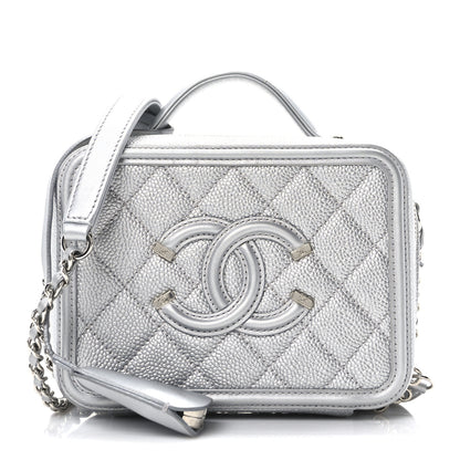 Chanel Metallic Caviar Quilted Small CC Filigree Vanity Case Silver 1 of 10