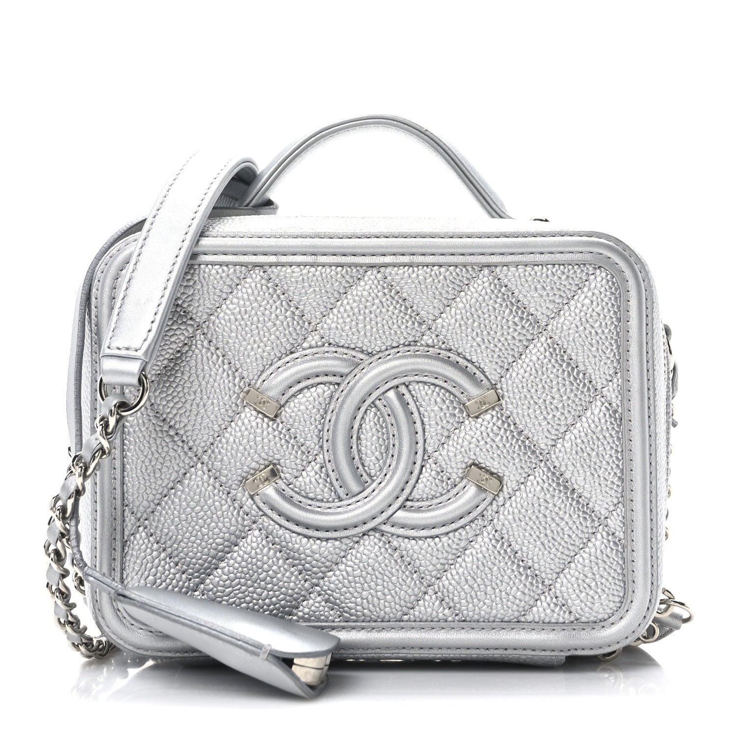 Chanel Metallic Caviar Quilted Small CC Filigree Vanity Case Silver 1 of 10