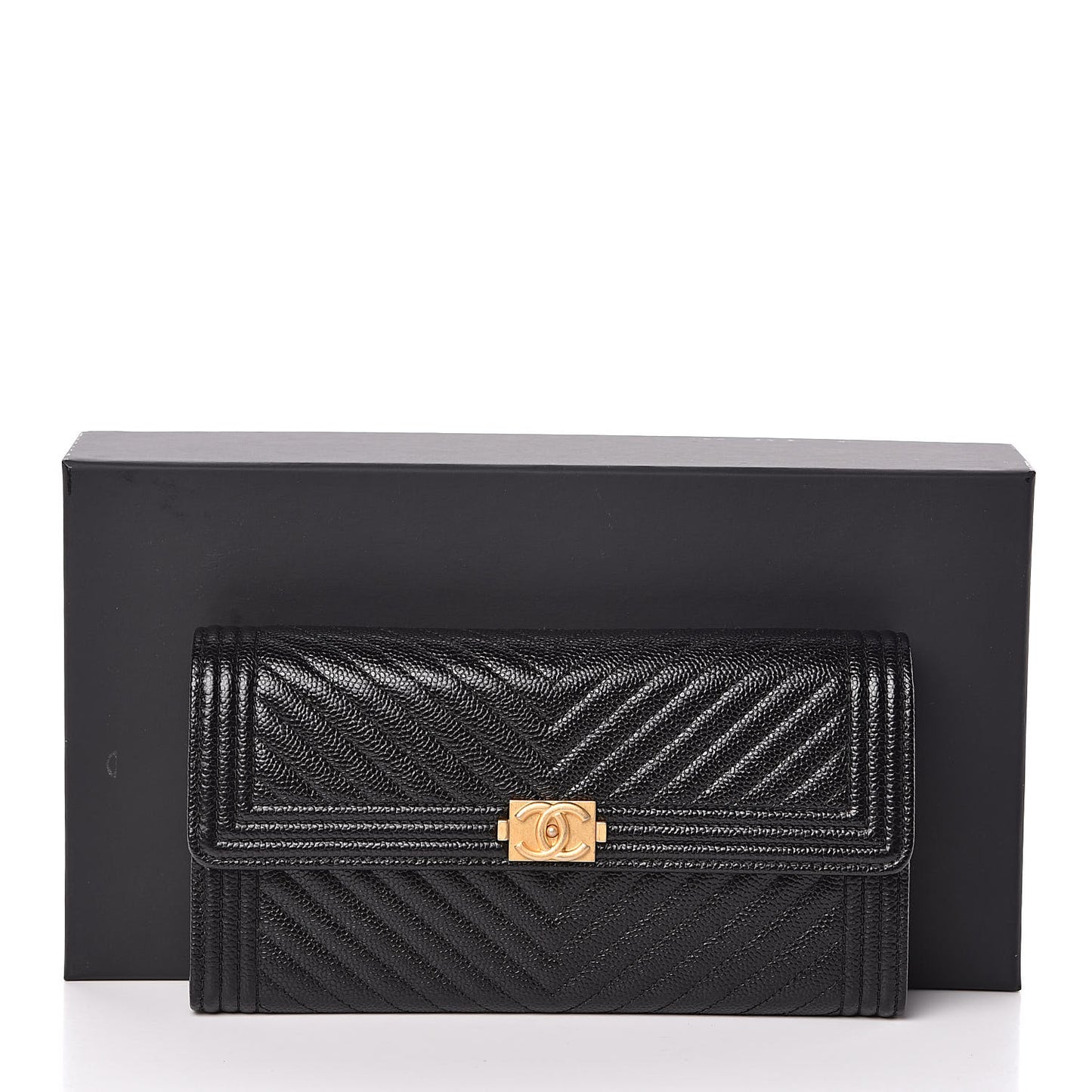 Caviar Chevron Quilted Boy Flap Wallet Black