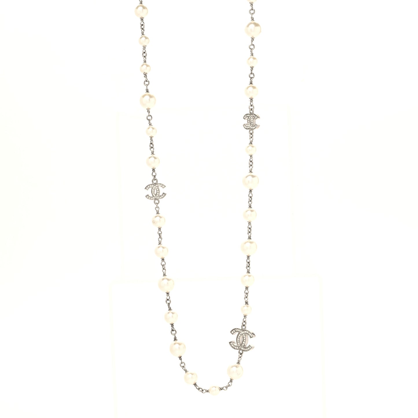 Graduated Pearl Crystal CC Long Necklace Silver