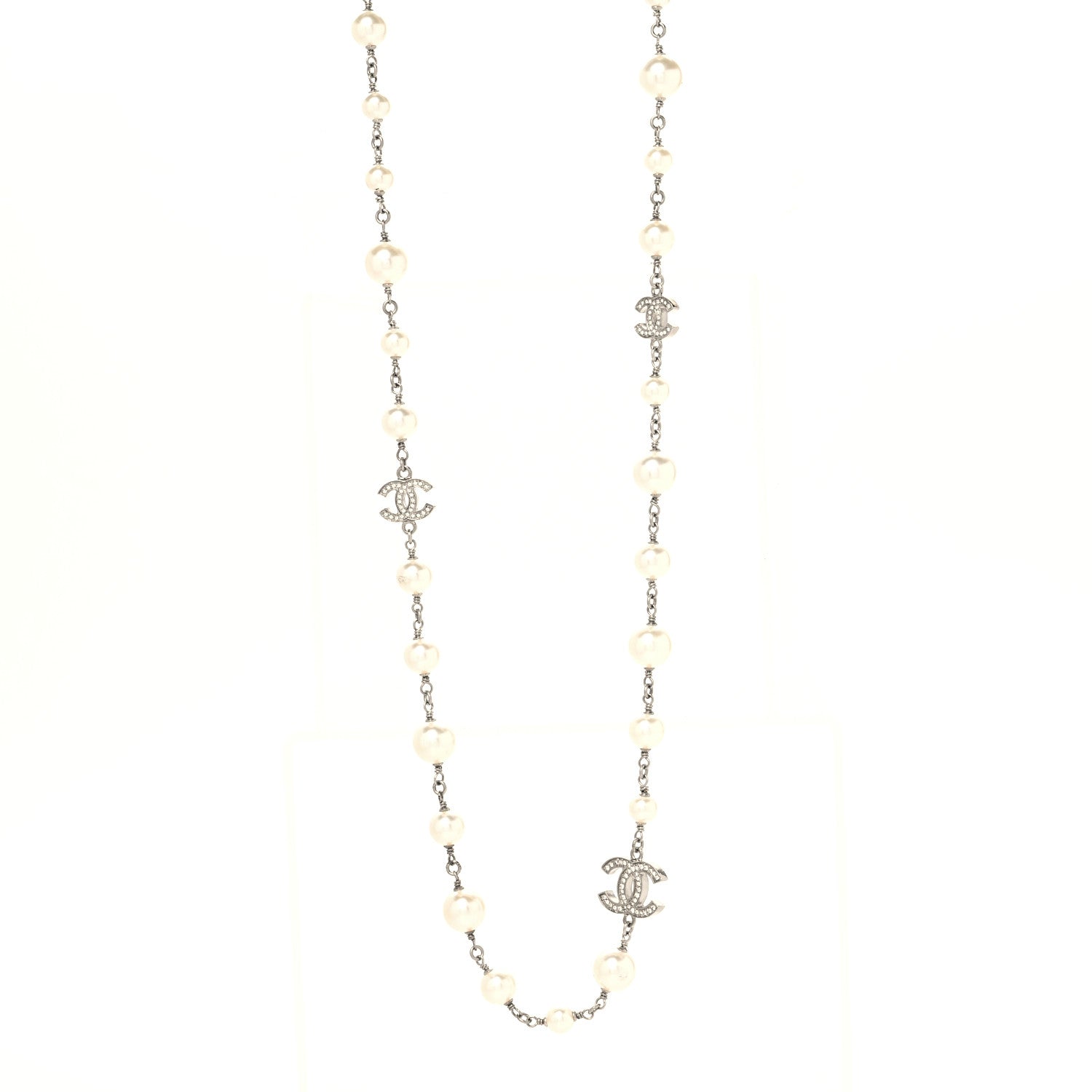 Chanel Graduated Pearl Crystal CC Long Necklace Silver 1 of 5
