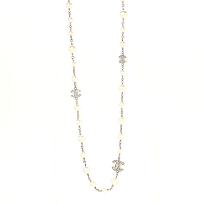 Chanel Graduated Pearl Crystal CC Long Necklace Silver 1 of 5
