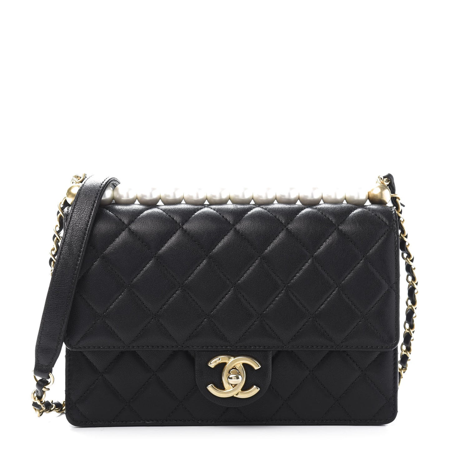 Lambskin Quilted Small Chic Pearls Flap Black