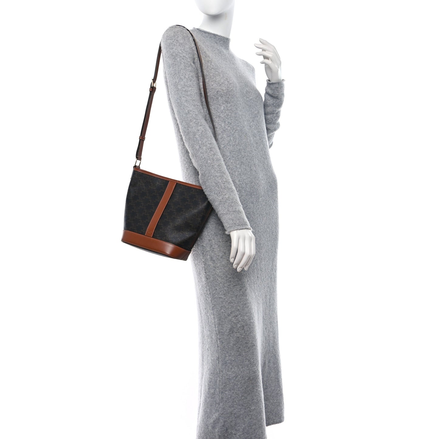 Triomphe Canvas Calfskin Small Bucket Bag Tan