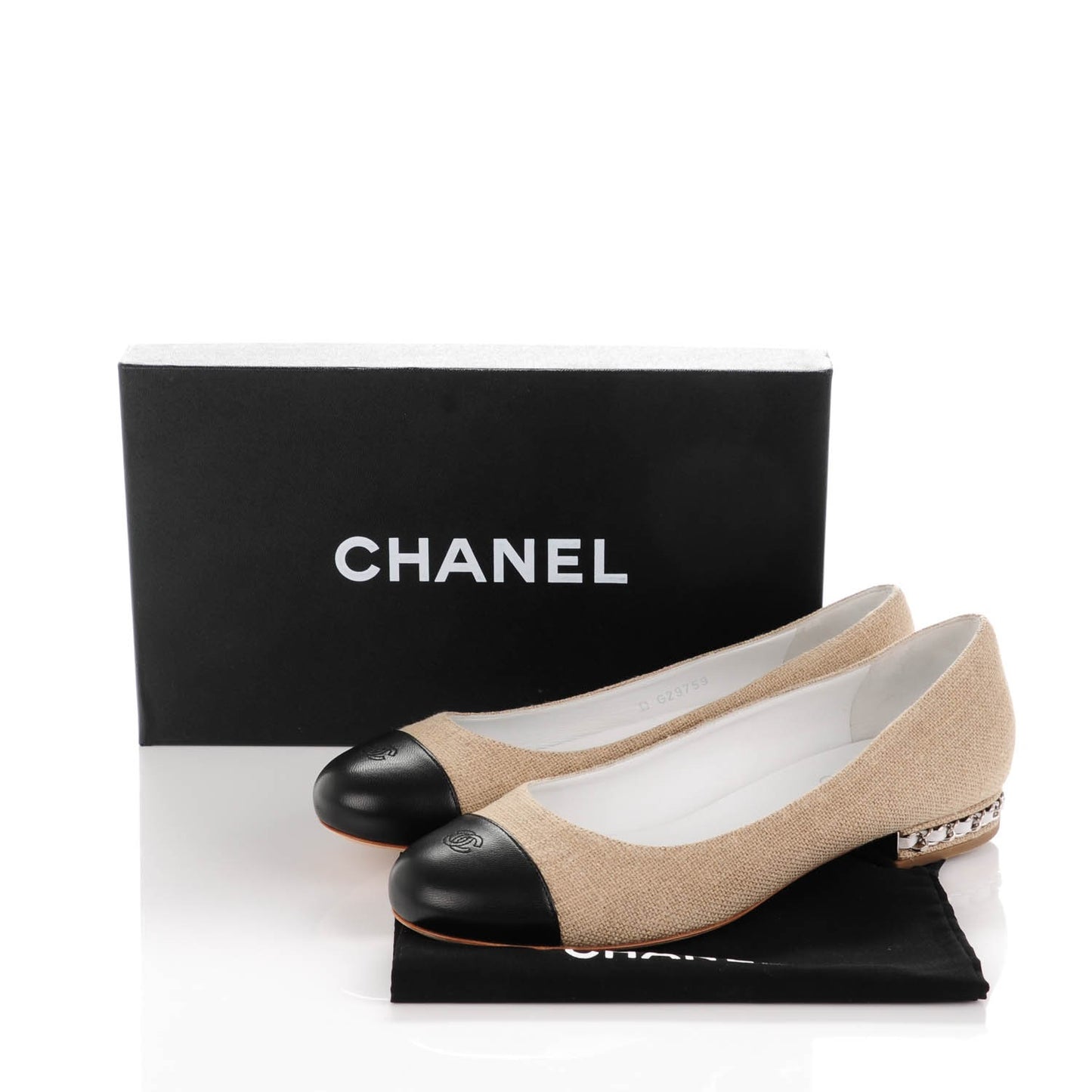 Linen Lambskin Cap Toe Ballerina Flats 39 Beige Black