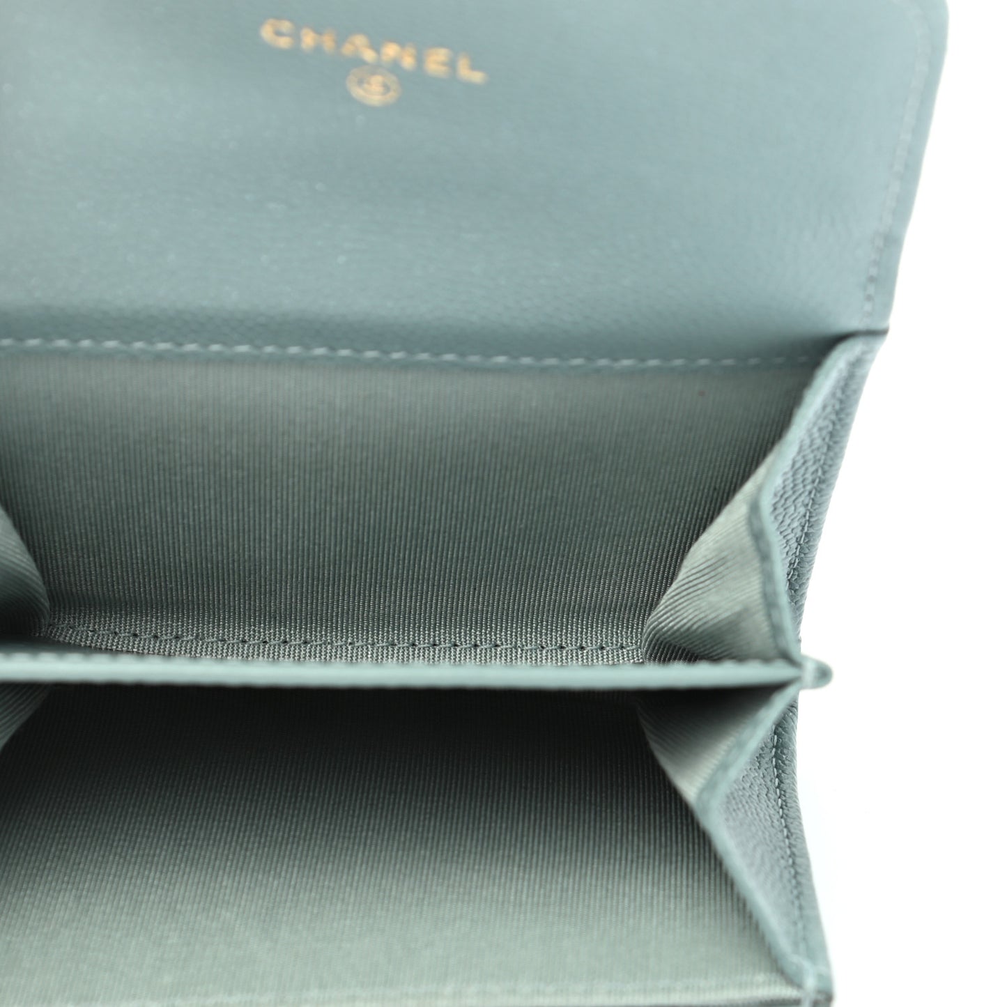 Iridescent Caviar Quilted Flap Card Holder Wallet Light Blue