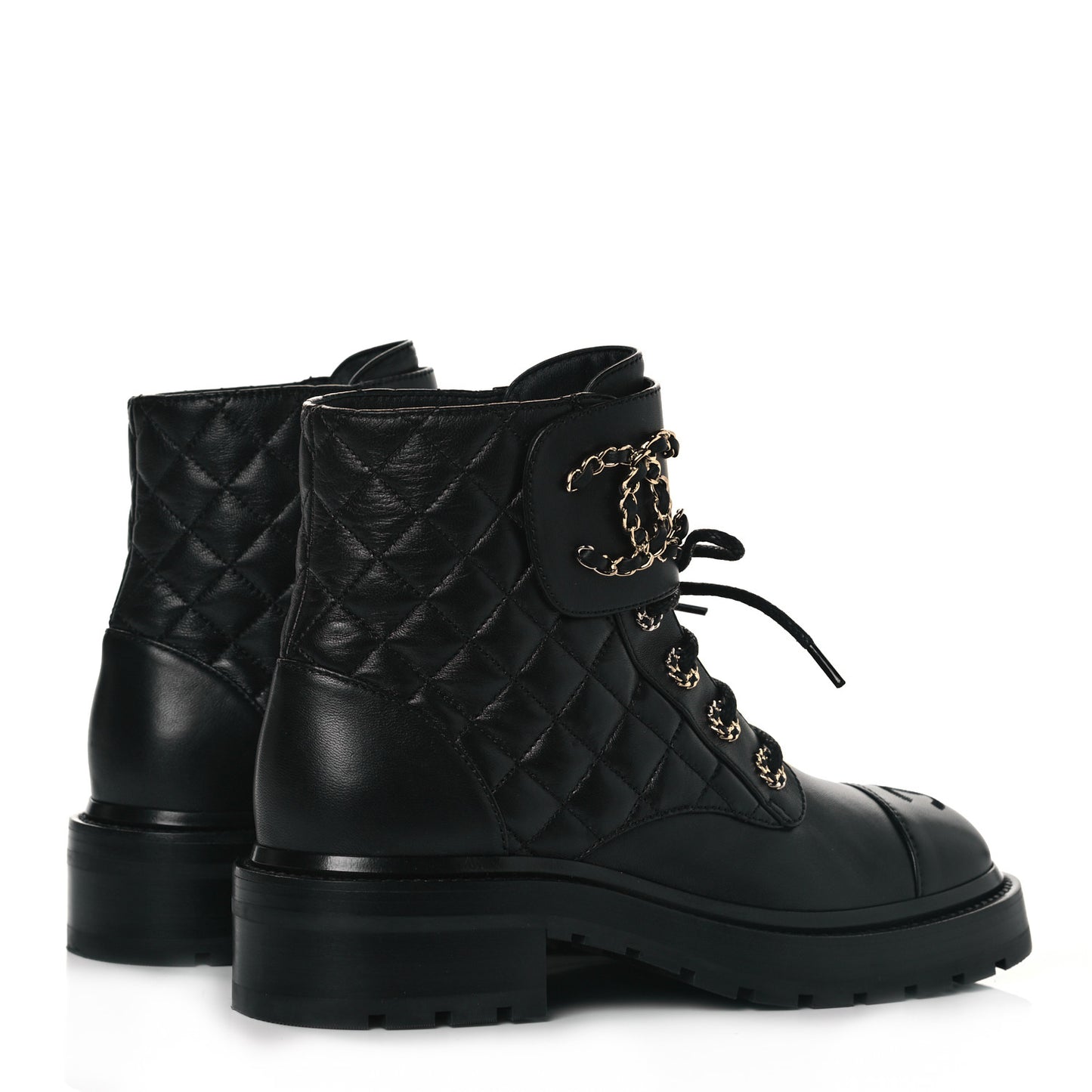 Shiny Lambskin Quilted Lace Up Combat Boots 37 Black