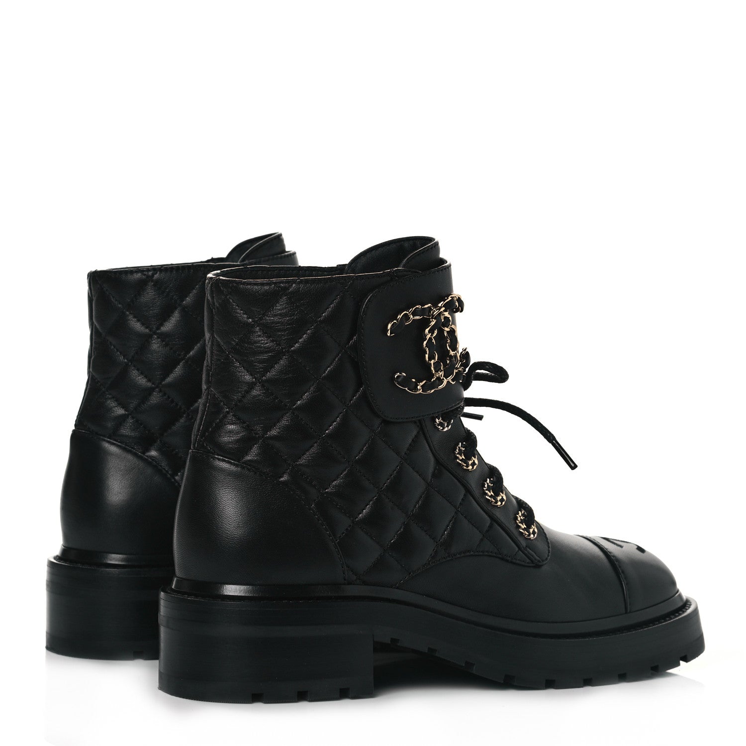 Chanel Shiny Lambskin Quilted Lace Up Combat Boots 37 Black 4 of 7