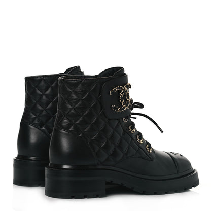 Chanel Shiny Lambskin Quilted Lace Up Combat Boots 37 Black 4 of 7