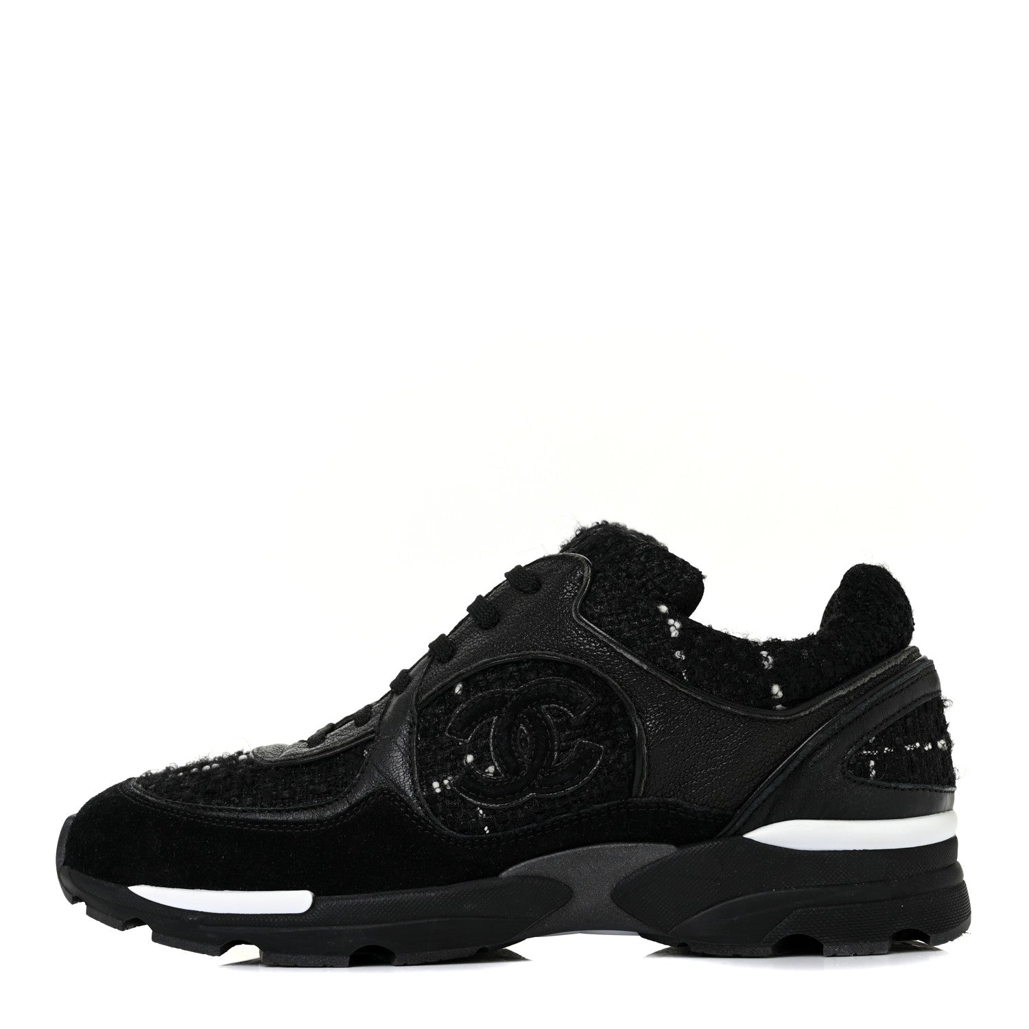 Chanel Tweed Suede Goatskin CC Sneakers 39.5 Black White 1 of 9