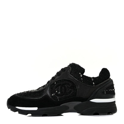Chanel Tweed Suede Goatskin CC Sneakers 39.5 Black White 1 of 9