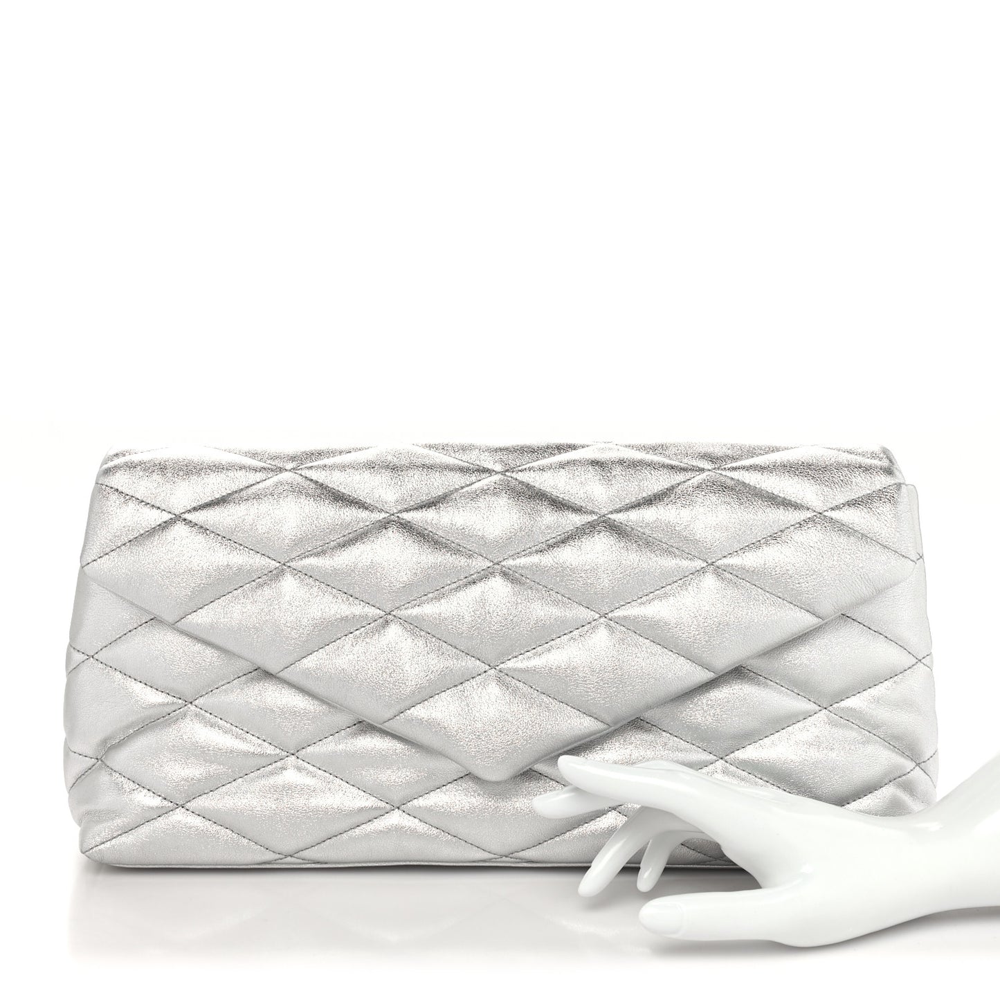 Metallic Lambskin Quilted Sade Puffer Envelope Clutch Argento