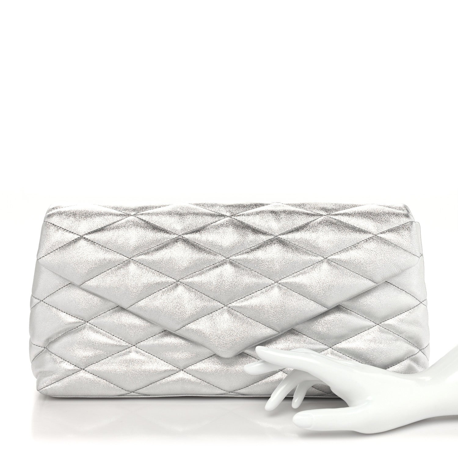 Saint Laurent Metallic Lambskin Quilted Sade Puffer Envelope Clutch Argento 2 of 10