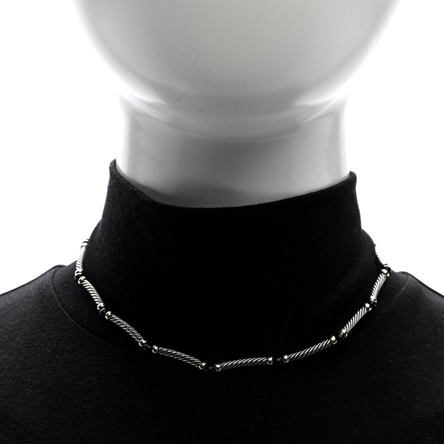 David Yurman Sterling Silver 14K Yellow Gold Black Onyx Hampton Cable Choker Necklace 2 of 4