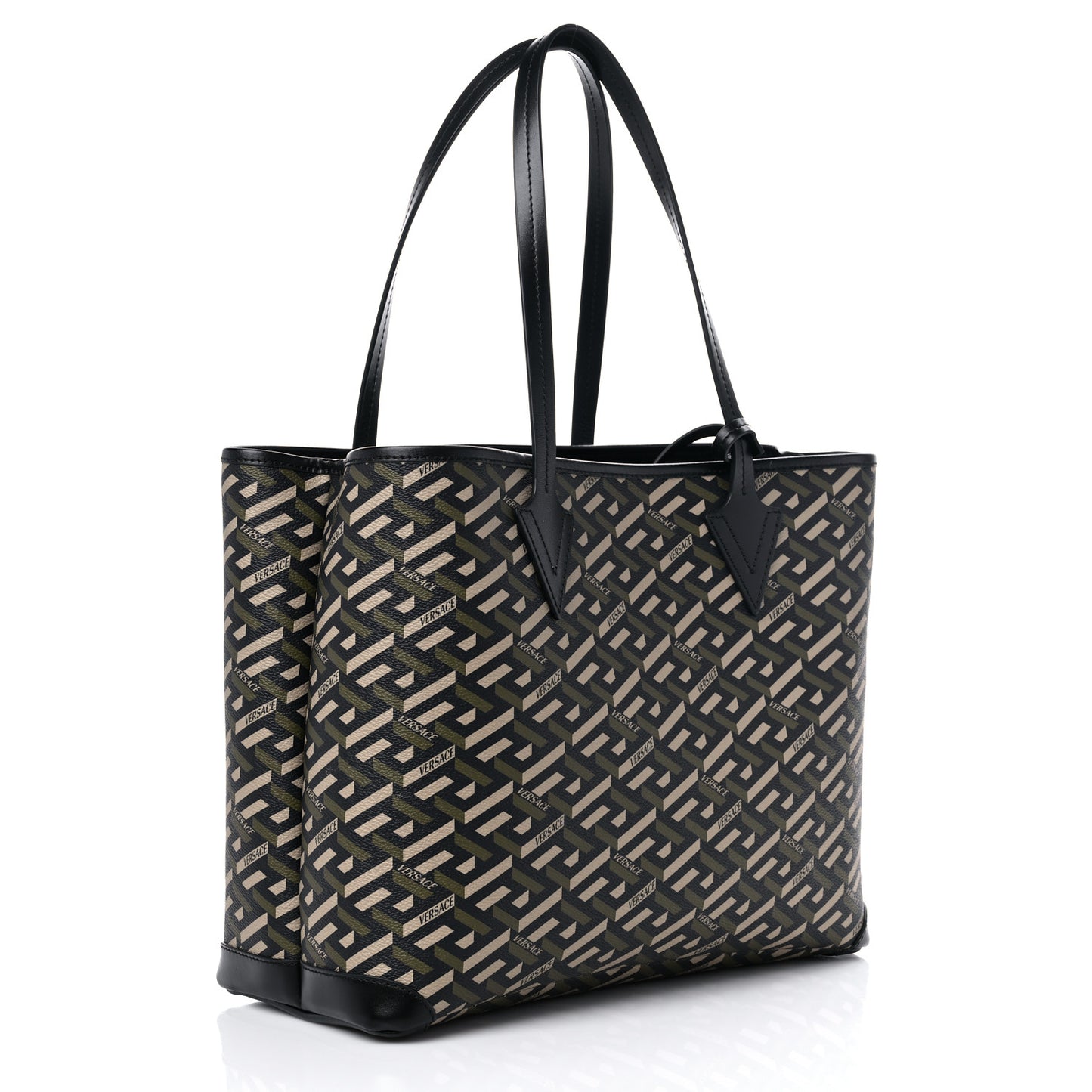 Coated Canvas Calfskin La Greca Signature Shopper Tote Bag Black Khaki