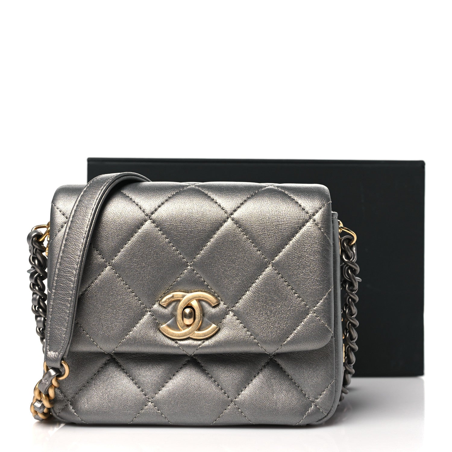 Chanel Metallic Lambskin Quilted Mini Side Note Flap Grey 11 of 11