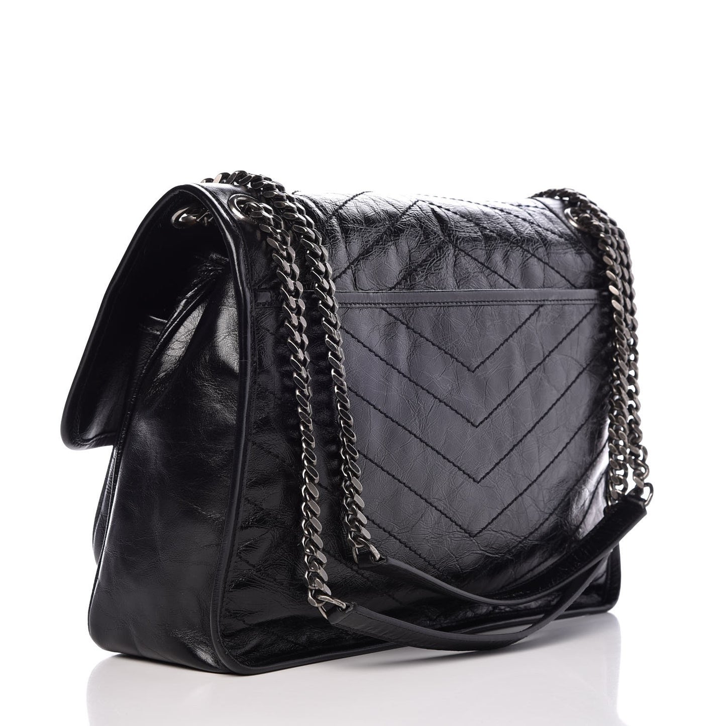 Crinkled Calfskin Matelasse Monogram Large Niki Chain Satchel Black
