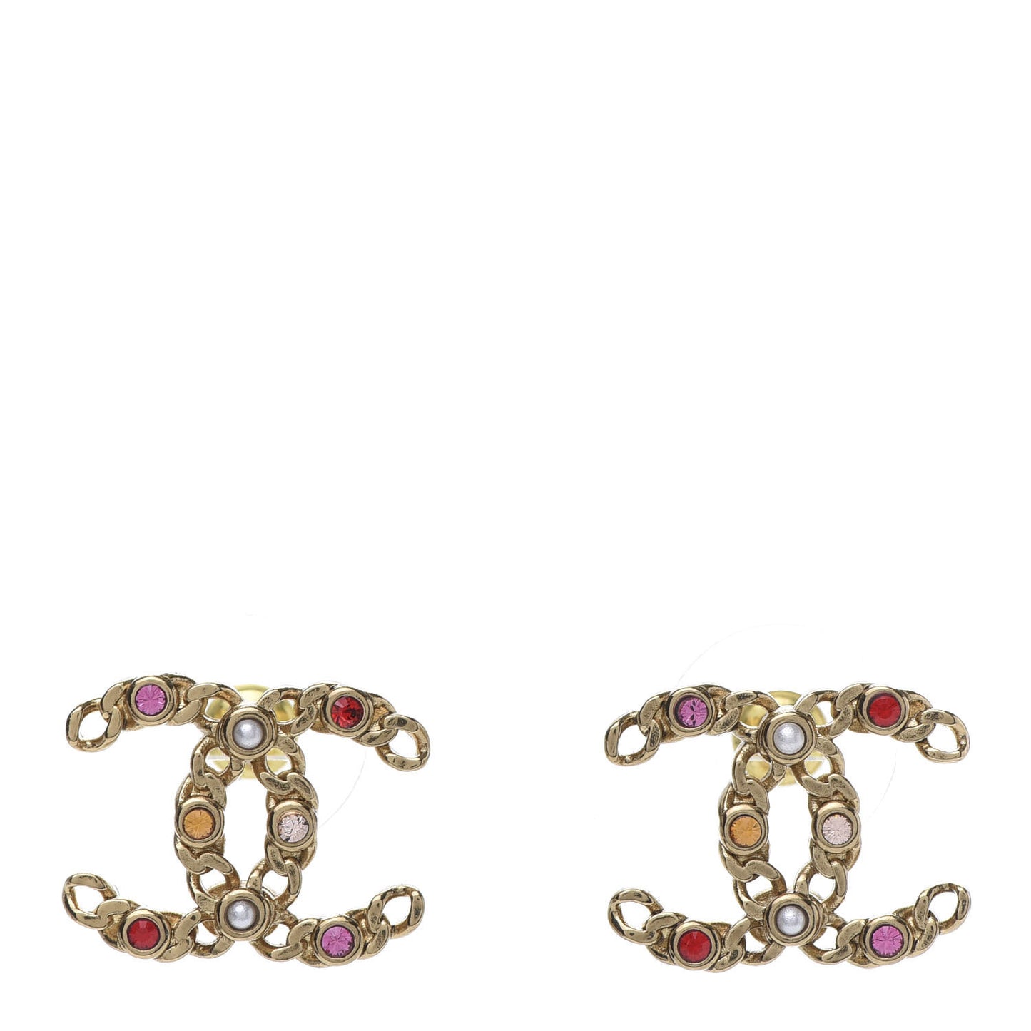 Pearl Crystal Chain Link CC Earrings Gold Red Pink Yellow