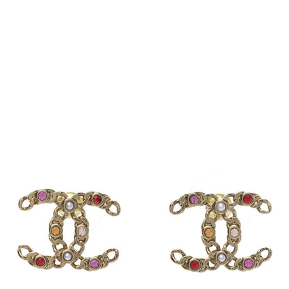 Chanel Pearl Crystal Chain Link CC Earrings Gold Red Pink Yellow 1 of 5