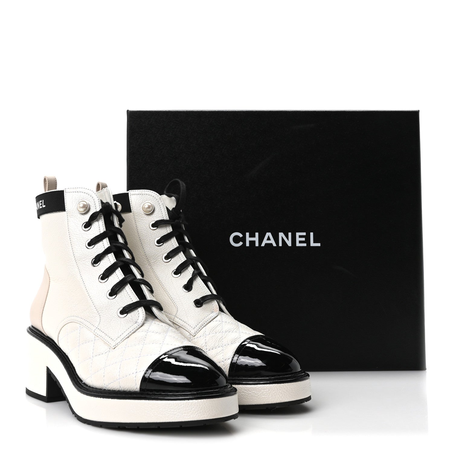 Chanel Pearly Calfskin Patent Calfskin Quilted Lace Up Boots 38 White Light Gray Black 10 of 10