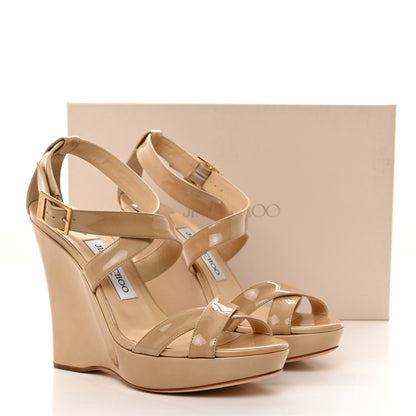 Jimmy Choo Patent Calfskin Lucia 120 Wedge Sandals 38 Nude 8 of 8