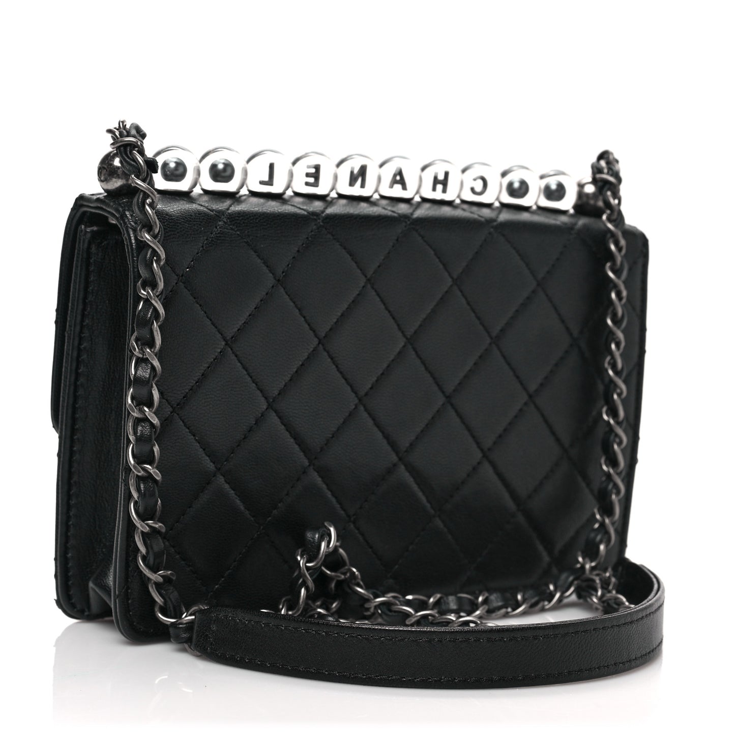 Goatskin Quilted Logo Small Chic Flap Black