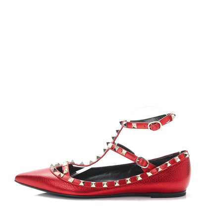 Valentino Garavani Metallic Pebbled Calfskin Rockstud Cage Ballerina Flats 40 Rosso Valentino 1 of 9