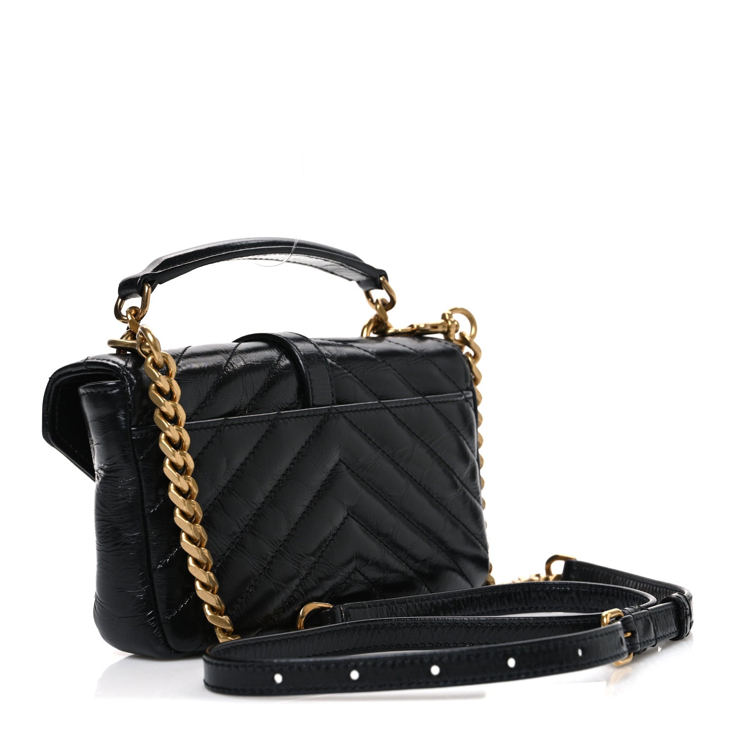 Saint Laurent Shiny Calfskin Matelasse Chevron Monogram Mini College Bag Black 3 of 10