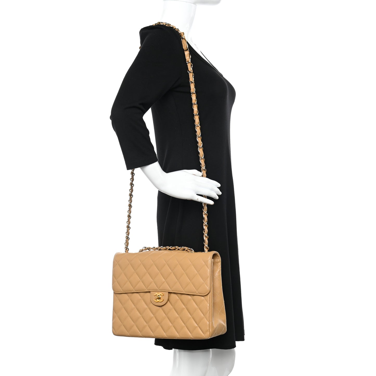 Caviar Quilted XL Jumbo Single Flap Beige