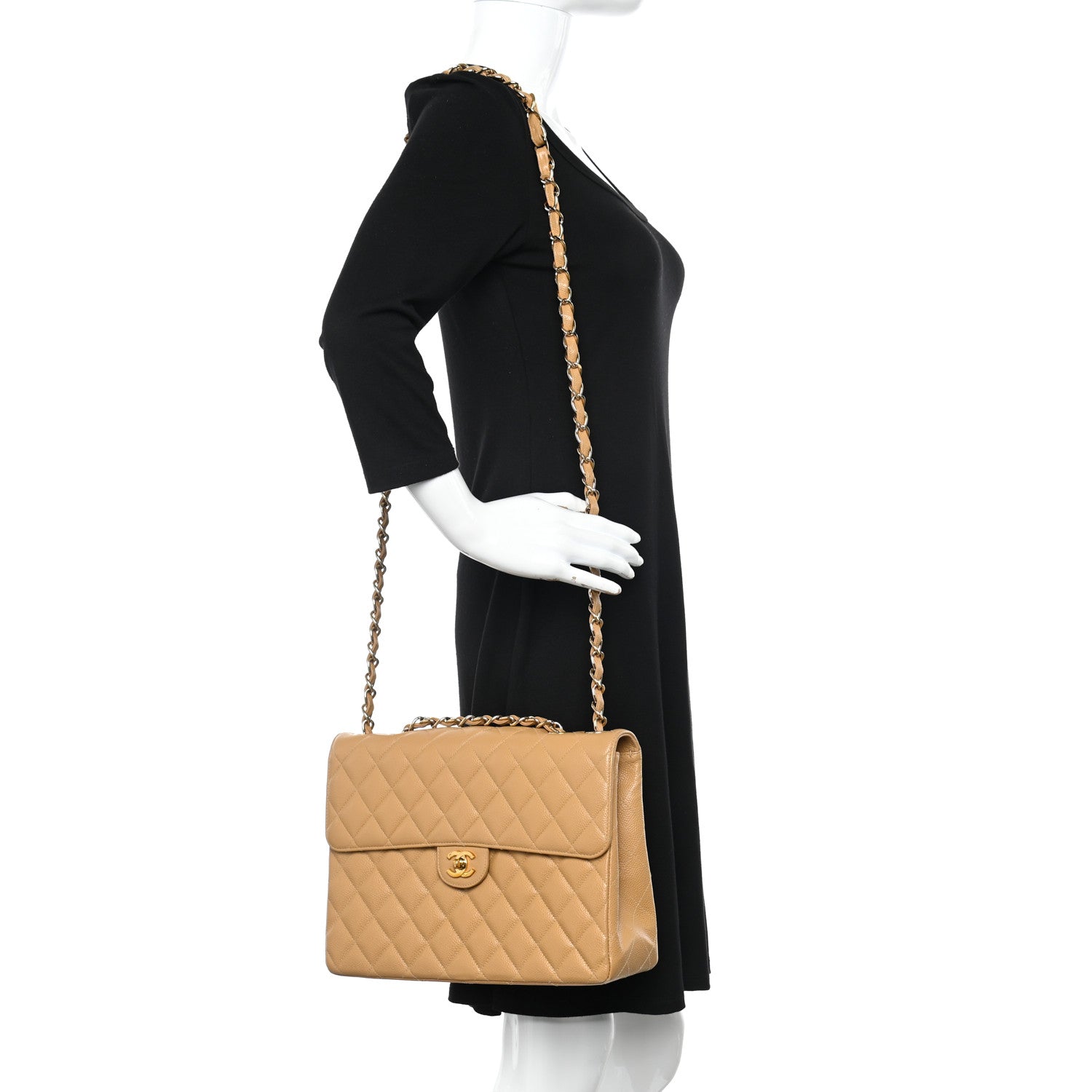 Chanel Caviar Quilted XL Jumbo Single Flap Beige 2 of 10