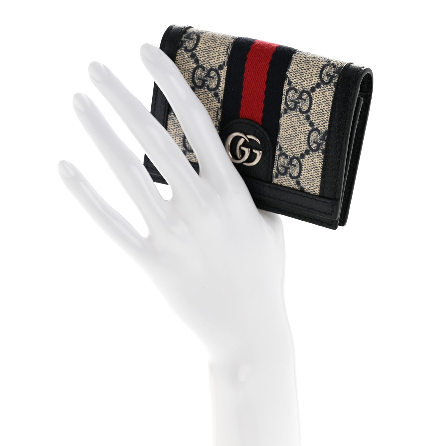 Gucci GG Supreme Monogram Textured Dollar Calfskin Web Ophidia Card Case Beige Blue 2 of 9