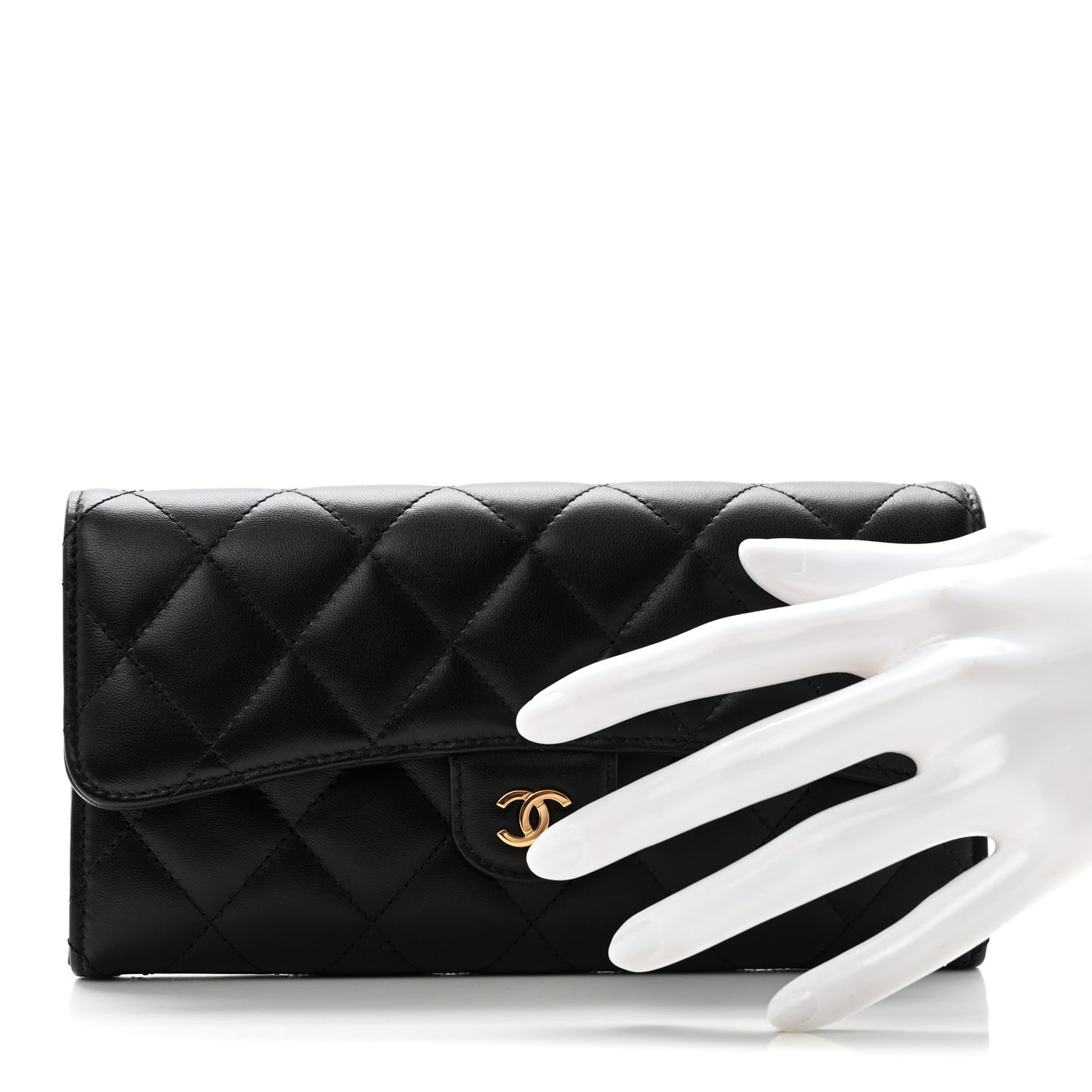 Lambskin Quilted Large Gusset Flap Wallet Black
