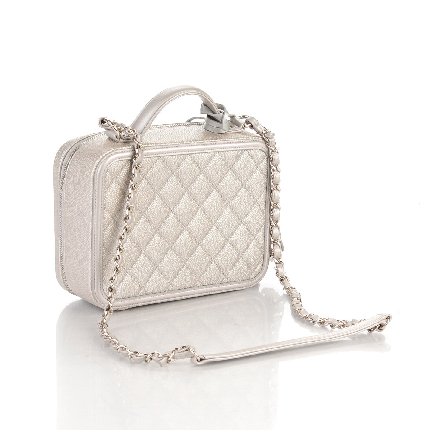 Chanel Metallic Caviar Quilted Medium CC Filigree Vanity Case Silver 3 of 8