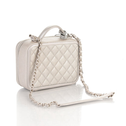 Chanel Metallic Caviar Quilted Medium CC Filigree Vanity Case Silver 3 of 8