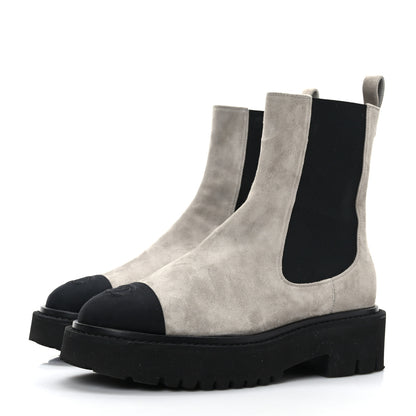 Chanel Suede Calfskin Grossgrain Cap Toe CC Ankle Boots 37.5 Light 37.5 Grey Black 3 of 9