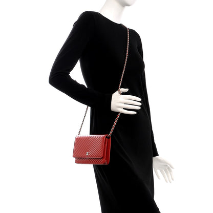Chanel Caviar Chevron Quilted Wallet On Chain WOC Red 2 of 9