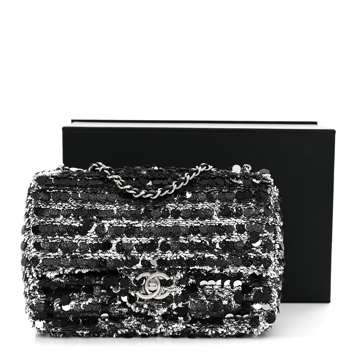 Sequin Camellia Small Single Flap Silver Black